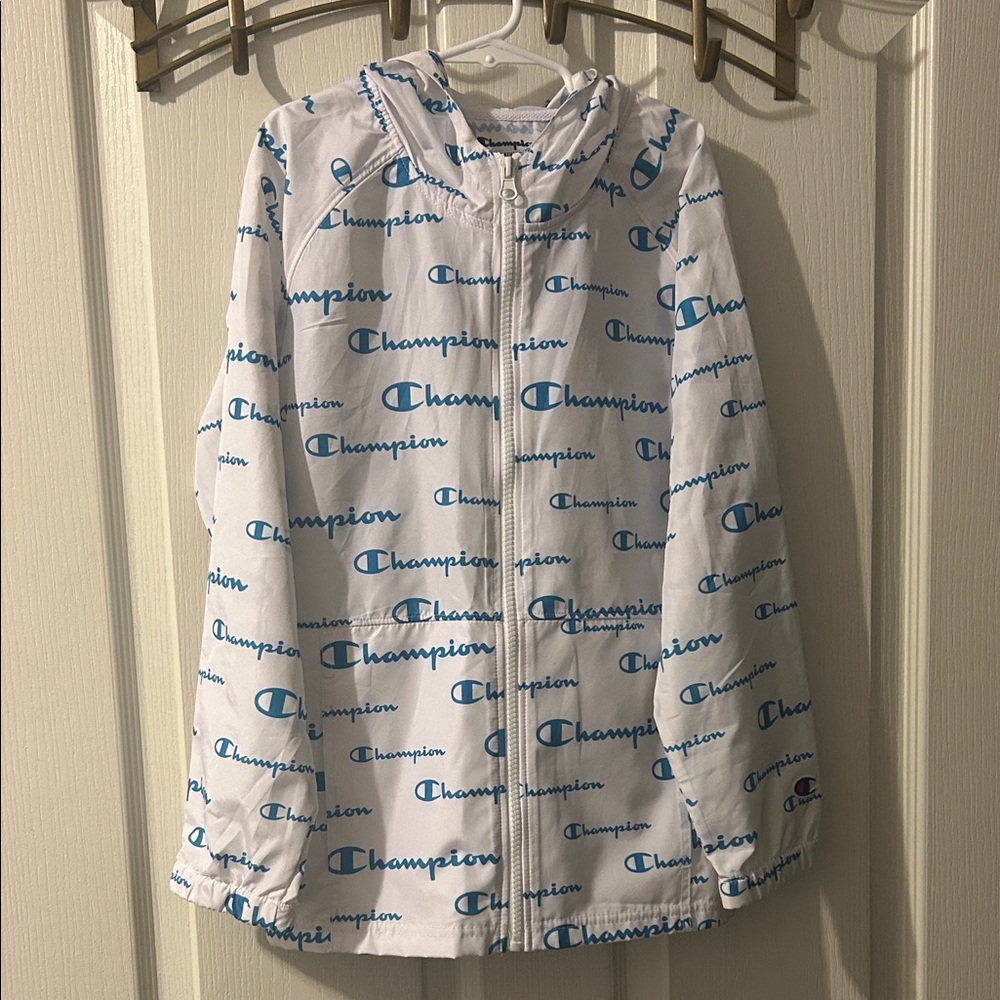 Champion White Jacket with Blue Logos Windbreaker